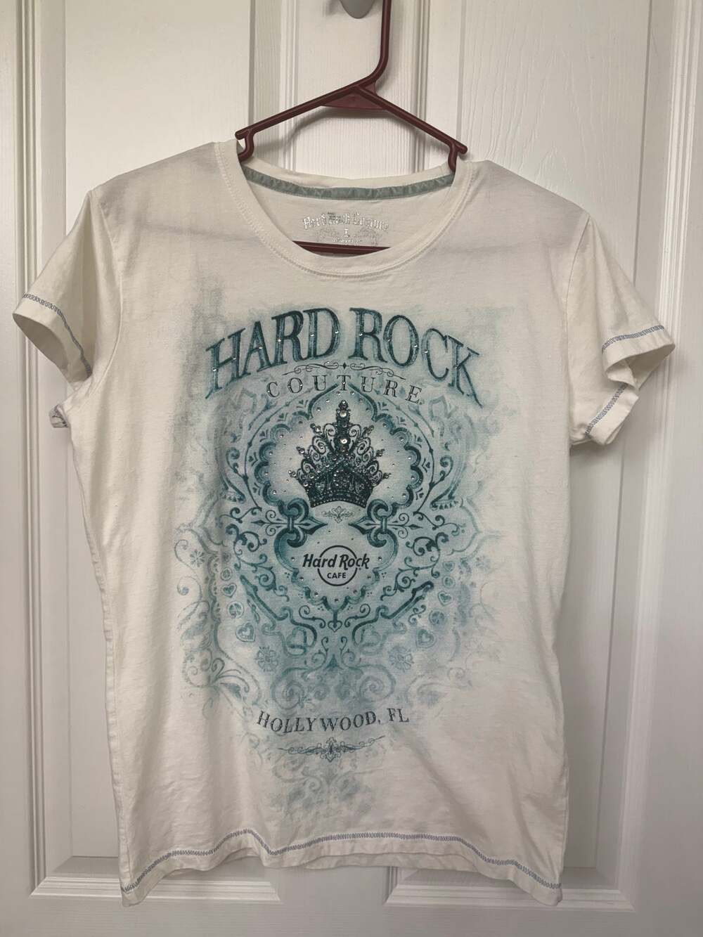 Hard Rock Couture cafe large t shirt bling white teal blue green hollywood